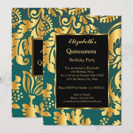 Invitation Quinceanera Annithday Party or Turquoise noir flor (Devant / Derrière)