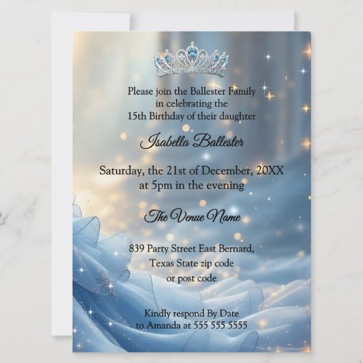 Invitation Quinceanera Anniversaire Cendrillon Bleu Robe d'ar (Dos)