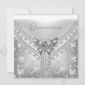Invitation Quinceanera Anniversaire Fête Argent Blanc Papillo (Devant)