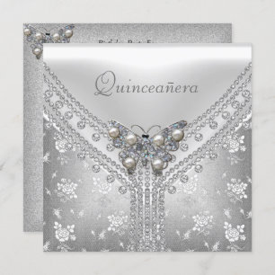 Invitation Quinceanera Anniversaire Fête Argent Blanc Papillo