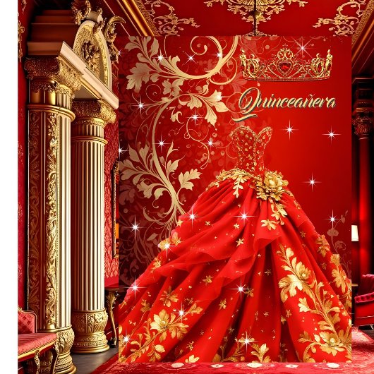 Invitation Quinceanera Anniversaire fête Robe d'or rouge exot