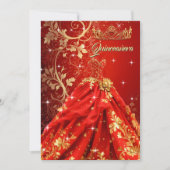 Invitation Quinceanera Anniversaire fête Robe d'or rouge exot (Devant)