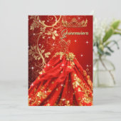 Invitation Quinceanera Anniversaire fête Robe d'or rouge exot (Debout devant)
