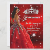 Invitation Quinceanera Anniversaire Fête Robe Rouge Argent Ti (Devant)