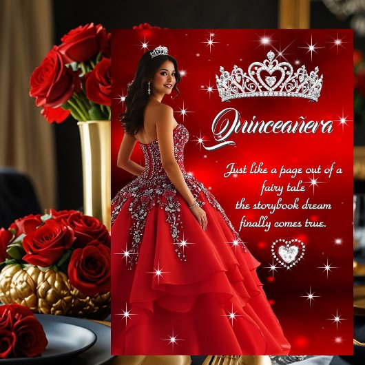 Invitation Quinceanera Anniversaire Fête Robe Rouge Argent Ti