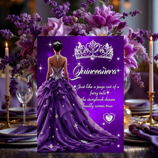 Invitation Quinceanera Anniversaire Fête Robe violette Tiara