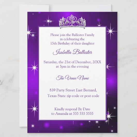 Invitation Quinceanera Anniversaire Fête Robe violette Tiara (Dos)