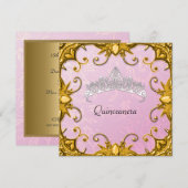 Invitation Quinceanera Anniversaire fête rose or blanc Tiara (Devant / Derrière)