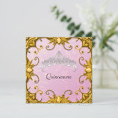 Invitation Quinceanera Anniversaire fête rose or blanc Tiara (Debout devant)
