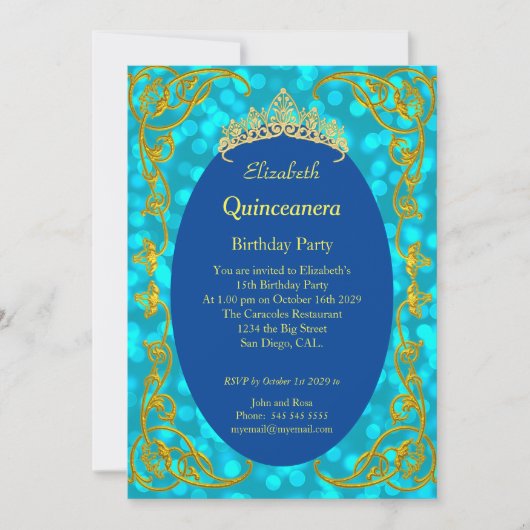 Invitation Quinceanera Anniversaire fête Turquoise Gold Invit (Devant)