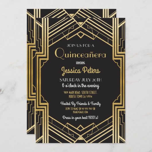 Invitation Quinceañera Anniversaire Gatsby Art Déco Invitatio (Devant / Derrière)
