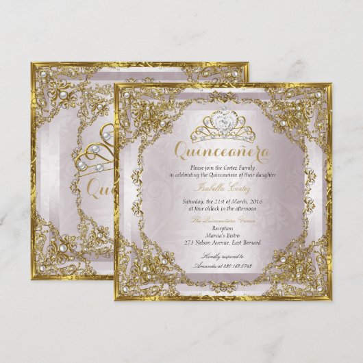 Invitation Quinceanera Anniversaire Gold Pearl rose Damask (Devant / Derrière)