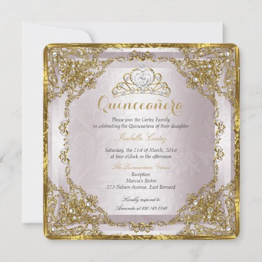 Invitation Quinceanera Anniversaire Gold Pearl rose Damask (Devant)