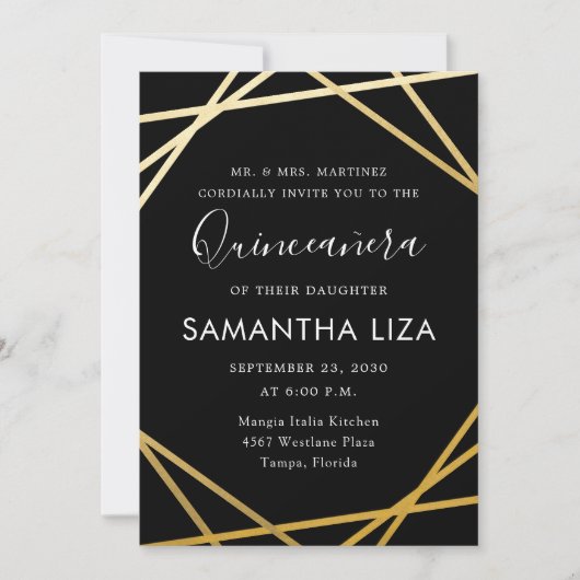 Invitation Quinceañera Anniversaire Noir Or Moderne (Devant)