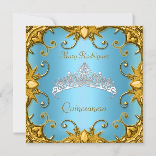 Invitation Quinceanera Anniversaire Party Bleu Or Blanc Tiara (Devant)