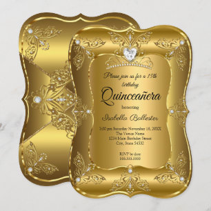 Invitation Quinceanera Anniversaire Party Gold Diamond Tiara