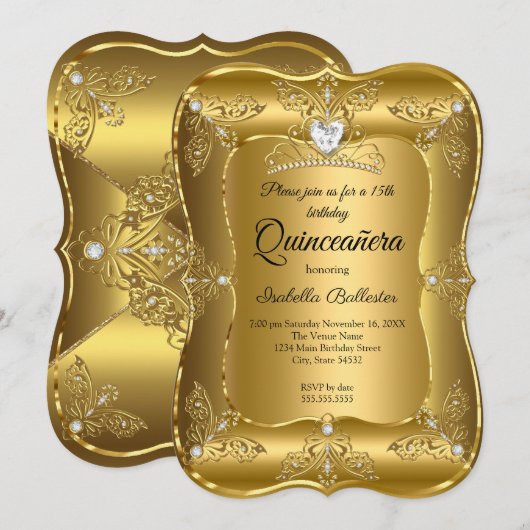 Invitation Quinceanera Anniversaire Party Gold Diamond Tiara (Devant / Derrière)