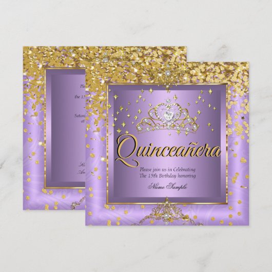 Invitation Quinceanera Anniversaire Party Gold Lavender viole (Devant / Derrière)