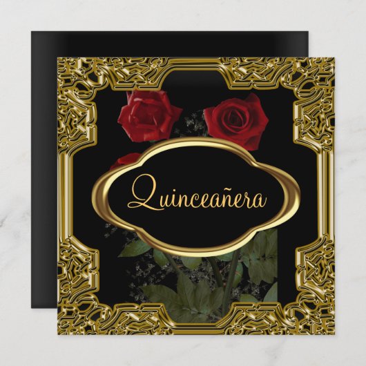 Invitation Quinceanera Anniversaire Party Gold Noir (Devant / Derrière)