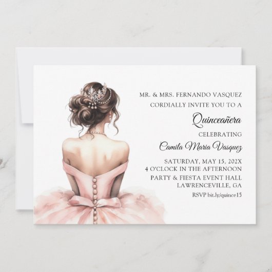 Invitation Quinceañera Anniversaire Princesse Rose (Devant)