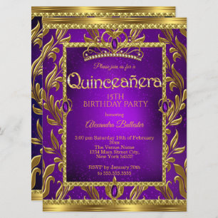 Invitation Quinceanera Anniversaire Purple Bleu Tiara Or