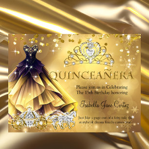 Invitation Quinceanera Anniversaire Robe d'or Tiara Carrie b