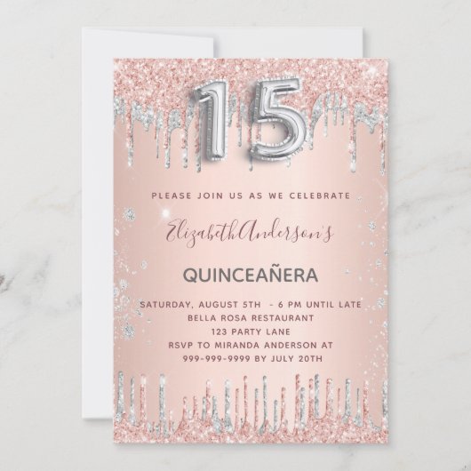 Invitation Quinceanera anniversaire rose or parties scintilla (Devant)