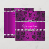 Invitation Quinceañera Anniversaire rose violet noir argent (Devant / Derrière)