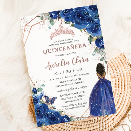 Invitation Quinceañera Anniversaire Royal Blue Floral Brown f