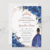 Invitation Quinceañera Anniversaire Royal Blue Floral Brown f (Devant)