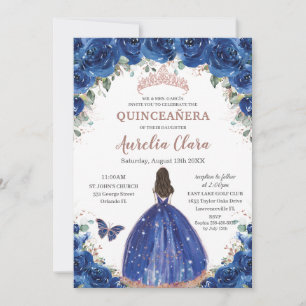 Invitation Quinceañera Anniversaire Royal Blue Floral Princes