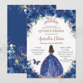 Invitation Quinceañera Anniversaire Royal Blue Floral Princes (Devant / Derrière)
