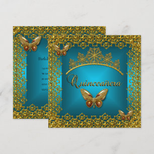 Invitation Quinceanera Anniversaire Turquoise Gold Tiara Butt
