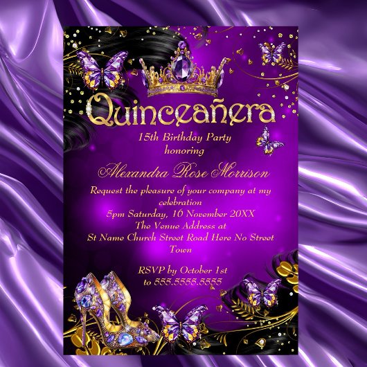 Invitation Quinceanera anniversaire violet or noir papillon n