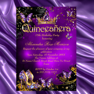 Invitation Quinceanera anniversaire violet papillon noir or