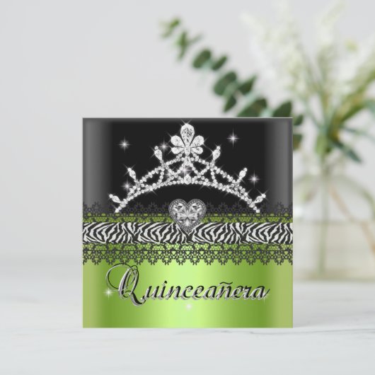 Invitation Quinceanera Anniversaire Zebra Lime Vert Noir Blan (Debout devant)