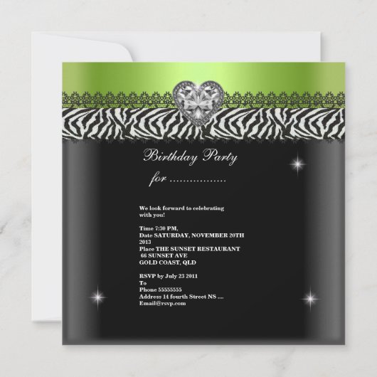Invitation Quinceanera Anniversaire Zebra Lime Vert Noir Blan (Dos)