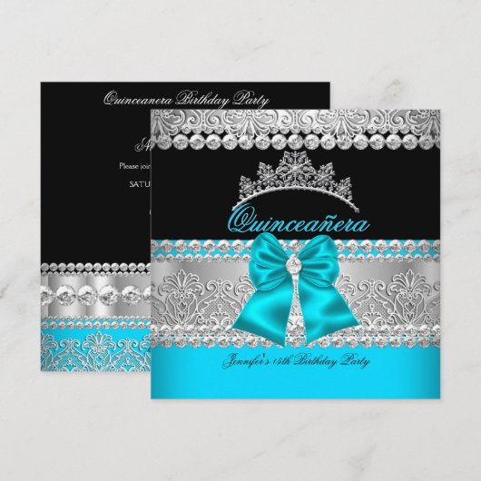 Invitation Quinceanera Aqua Blue Diamond Dentelle Anniversair (Devant / Derrière)