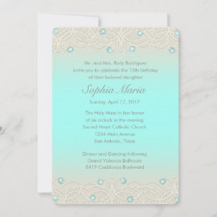 Invitation Quinceanera Aqua Éperche et dentelle