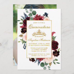 Invitation Quinceanera Aquarelle Bourgogne Rose Photo Florale