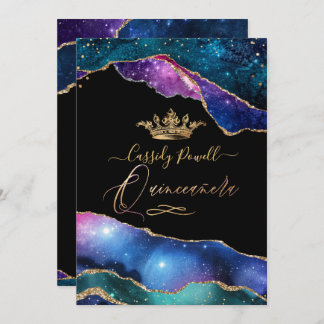 Invitation Quinceanera, Aquarelle Galaxy Agate Faux Gold