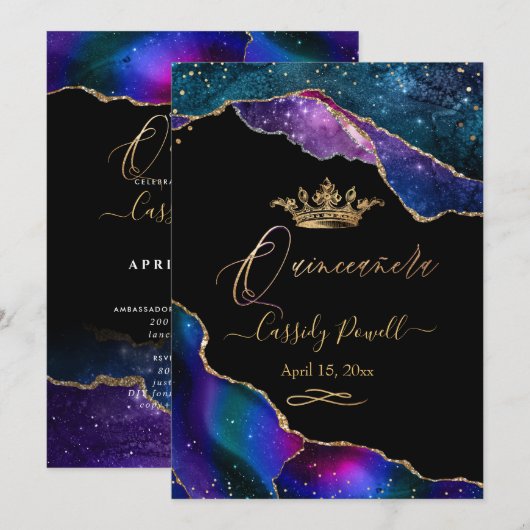 Invitation Quinceanera, Aquarelle Galaxy Agate Faux Gold Inv (Devant / Derrière)