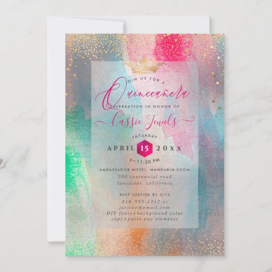 Invitation Quinceanera Aquarelle Iridescente Brushstrokies (Dos)
