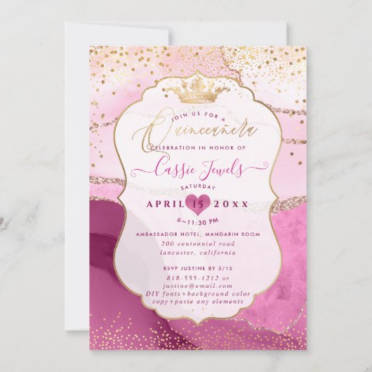 Invitation Quinceanera, Aquarelle Rose Agate Faux Gold (Dos)