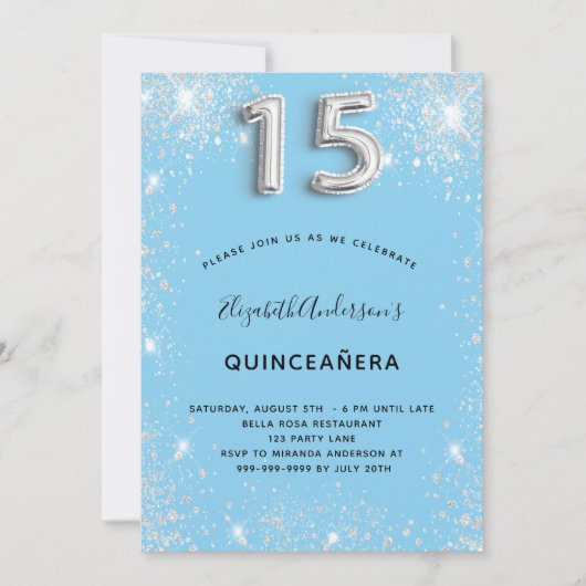 Invitation Quinceanera argent bébé bleu parties scintillant p (Devant)