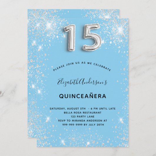 Invitation Quinceanera argent bébé bleu parties scintillant p (Devant / Derrière)