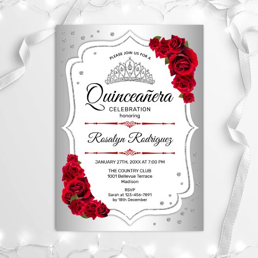 Invitation Quinceanera - Argent Blanc Rouge