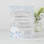Invitation Quinceanera argent bleu brillant robe luxe (Debout devant)