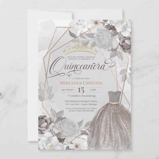 Invitation Quinceañera argent gris or fantaisie Tiara & robe (Devant)