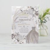 Invitation Quinceañera argent gris or fantaisie Tiara & robe (Debout devant)